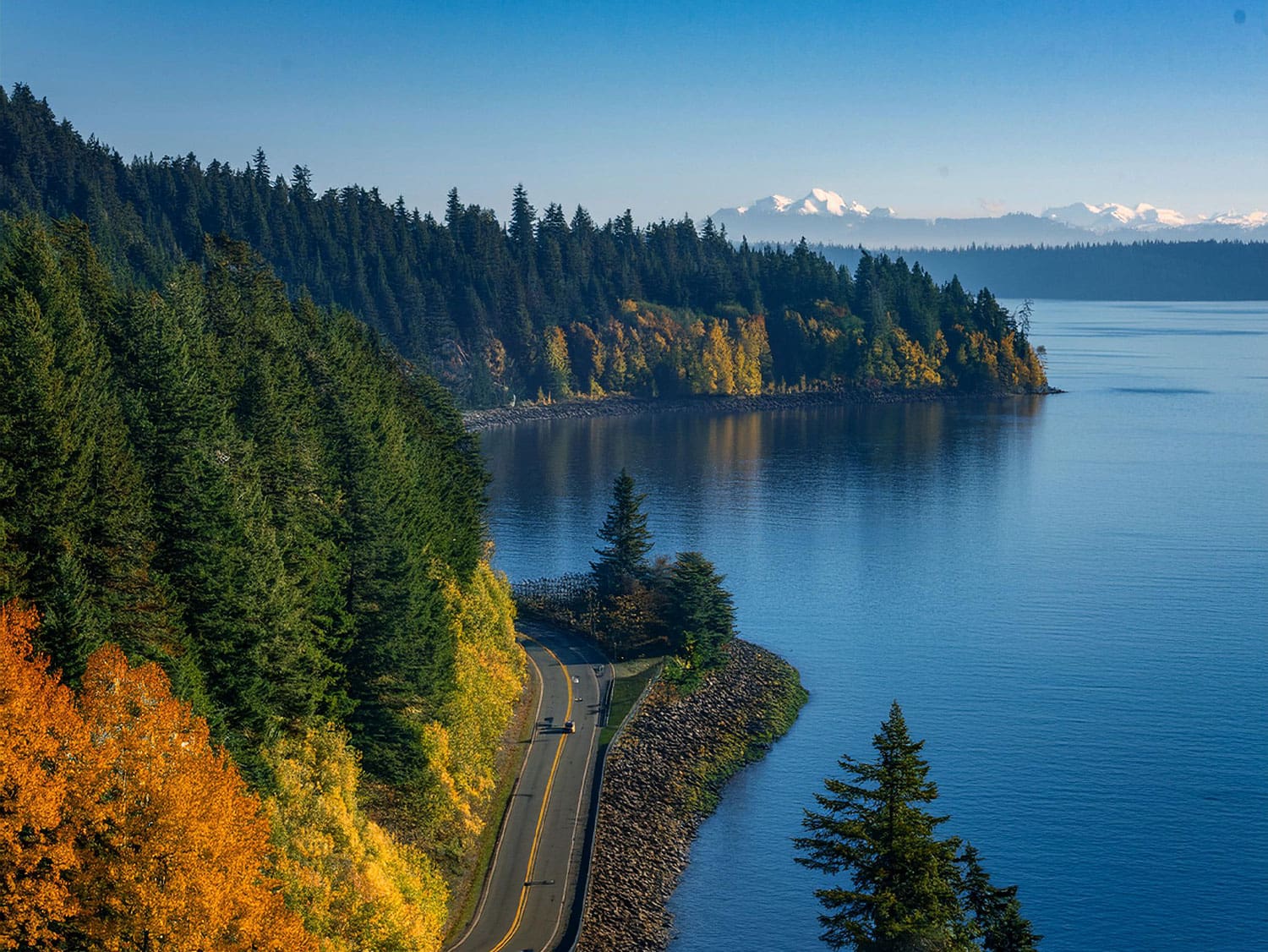 Curving coastal road along forested cliffs beside calm blue water with distant snowcapped mountains visible.