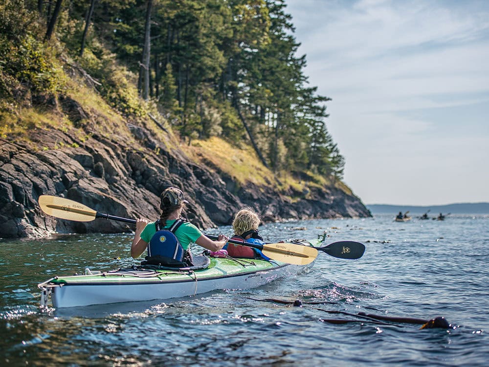 Two kayakers paddling along a rocky, tree-lined shoreline in Skagit County, Washington, with additional kayakers visible in the distance on a sunny day.