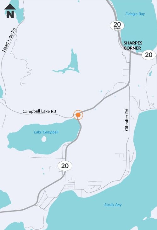Map showing SR 20 Campbell Lake Road roundabout project location south of Anacortes, WA